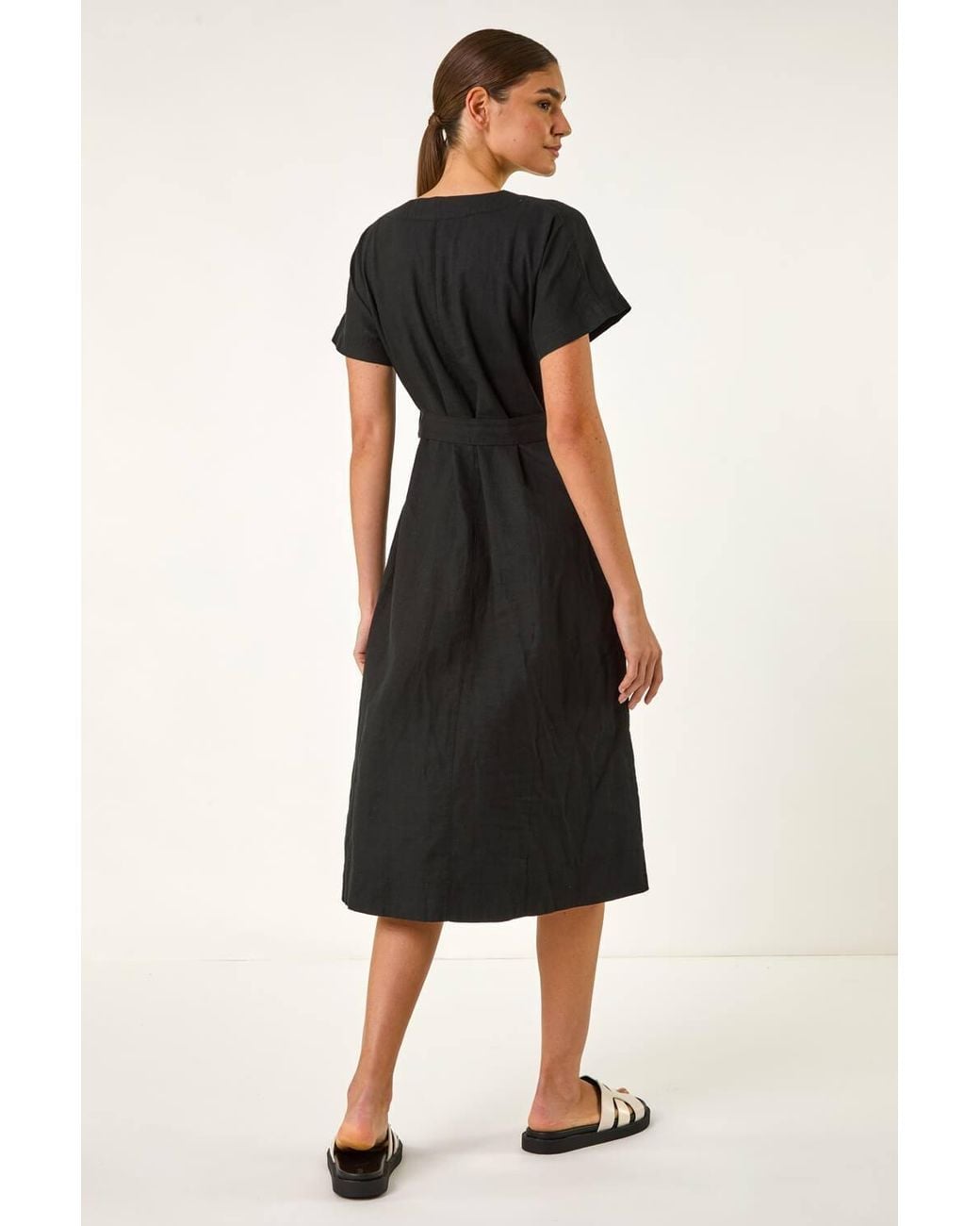 Roman Black Button Linen Mix Midi Dress