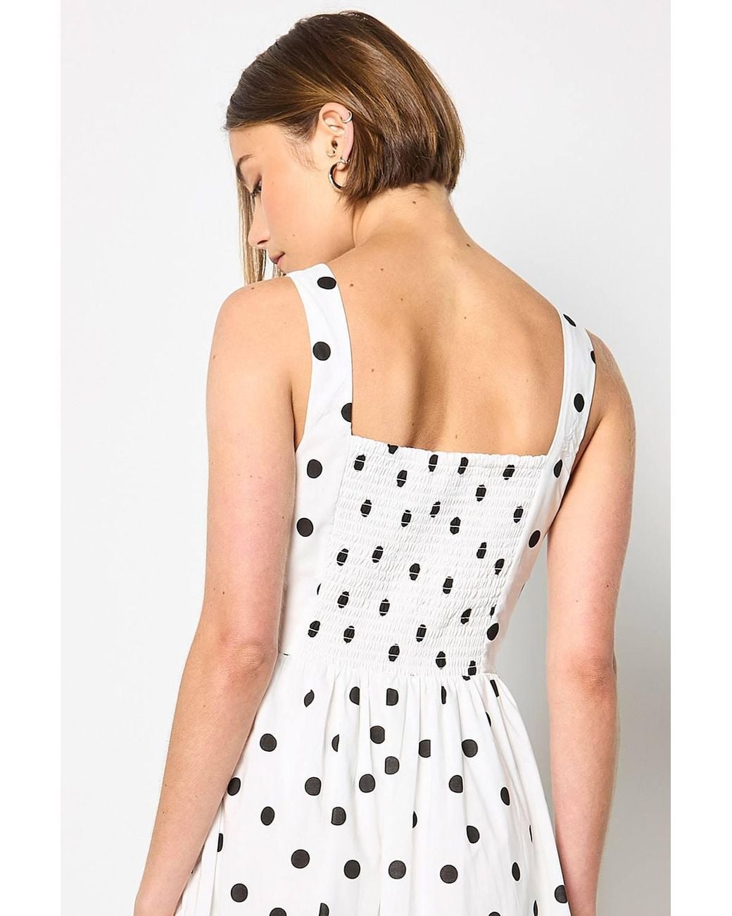 Apricot White Polka Dot Smocked Midi Dress