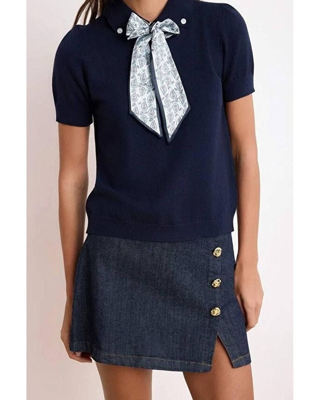 WOVCOR Blue Tie Neck Collared Short Sleeve Knitted Slim Fit Top