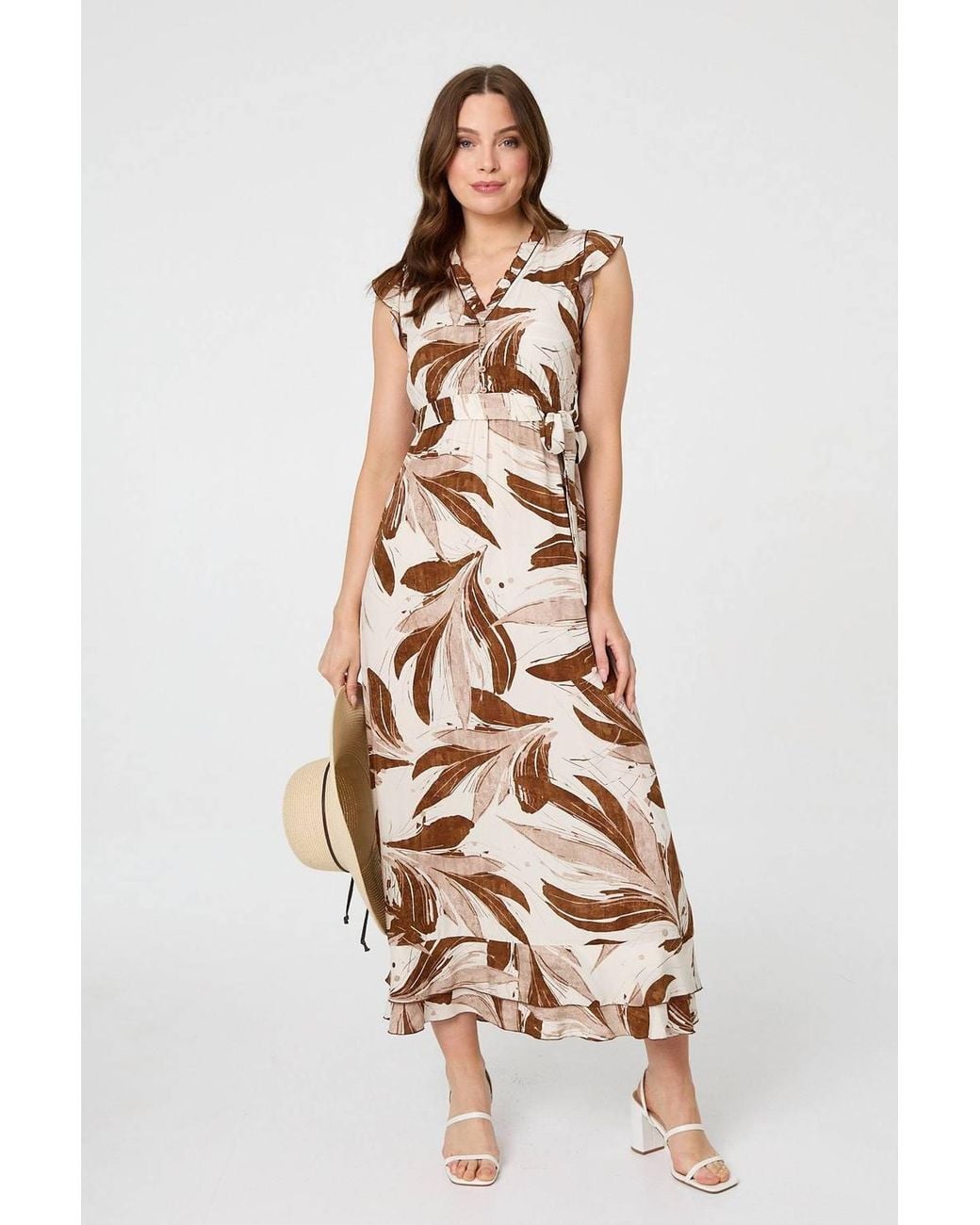 Izabel London White Leaf Print Layered Tie Waist Maxi Dress