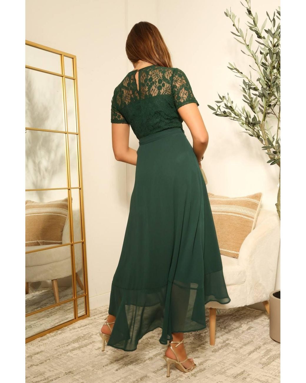 Double Second Green Lace Top Frill Hem True Wrap Dress