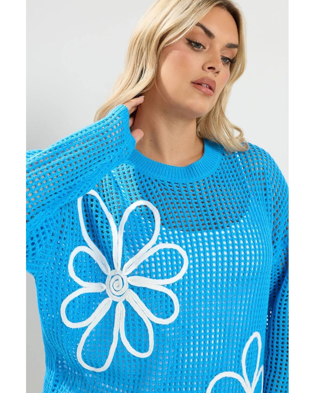 Yours Blue Crochet Floral Knitted Jumper