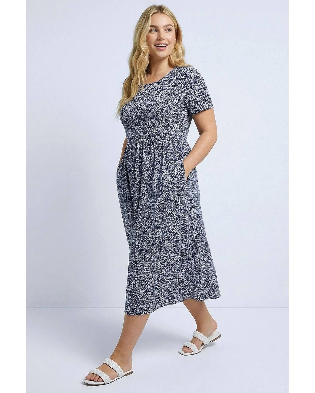 Roman Blue Curve Abstract Print Pocket Midi Dress