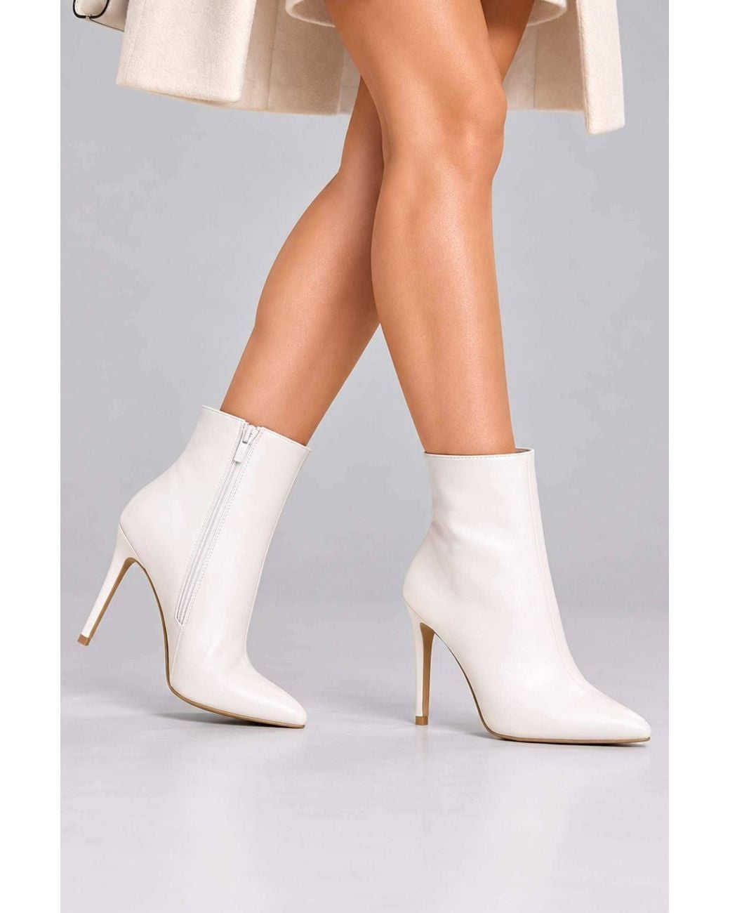 AJVANI White High Heel Pointed Toe Ankle Boots