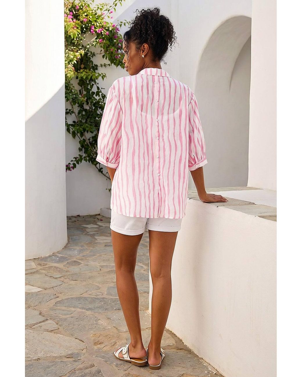 Roman Pink Stripe Print V-Neck Blouse