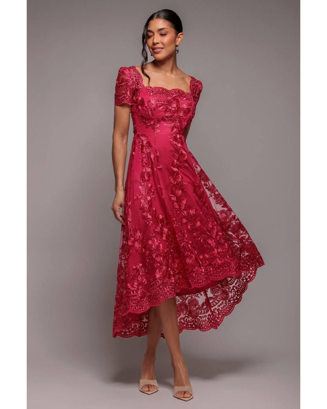 Goddiva Scalloped Neck Embroidered Lace High Low Midi Dress