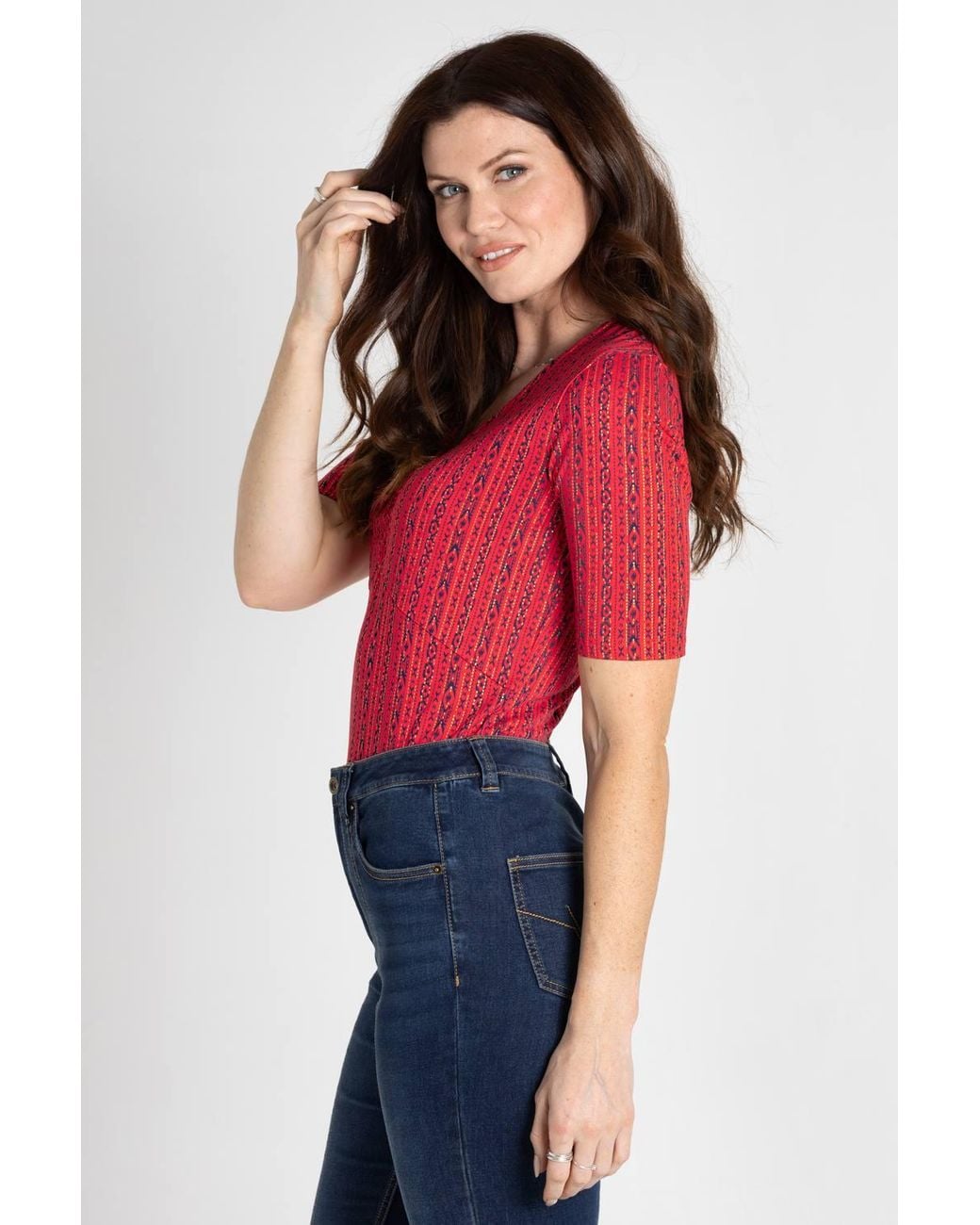 Enorsia Red Short Sleeve Shimmer Printed Viscose Top