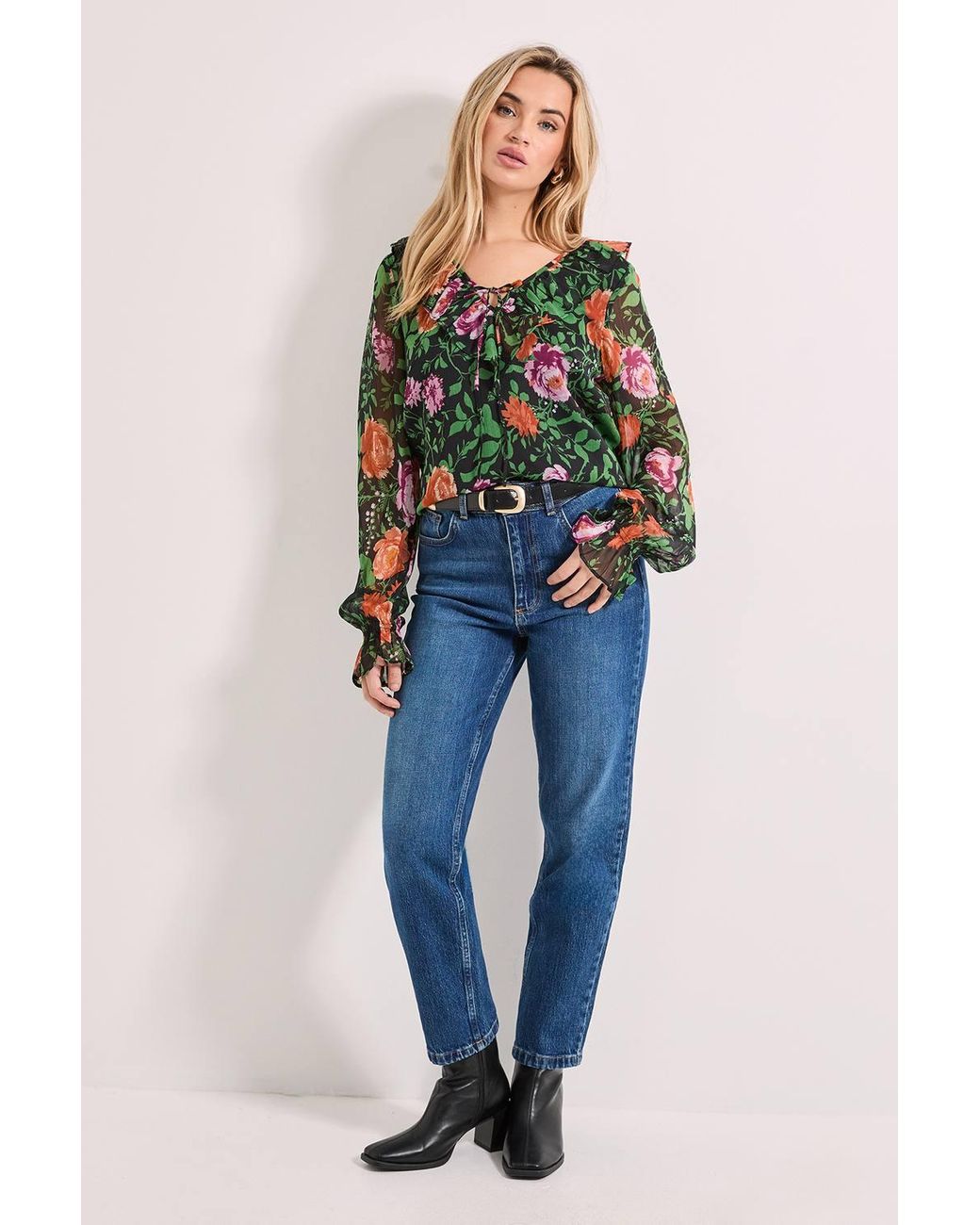 Dorothy Perkins Multicolor Ruffle Tie Front Long Sleeve Printed Chiffon Blouse