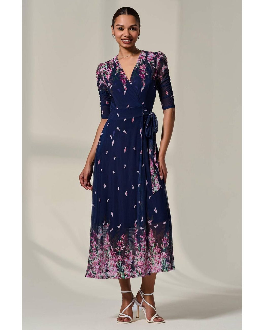 Jolie Moi Blue Half Sleeve Floral Wrap Dress