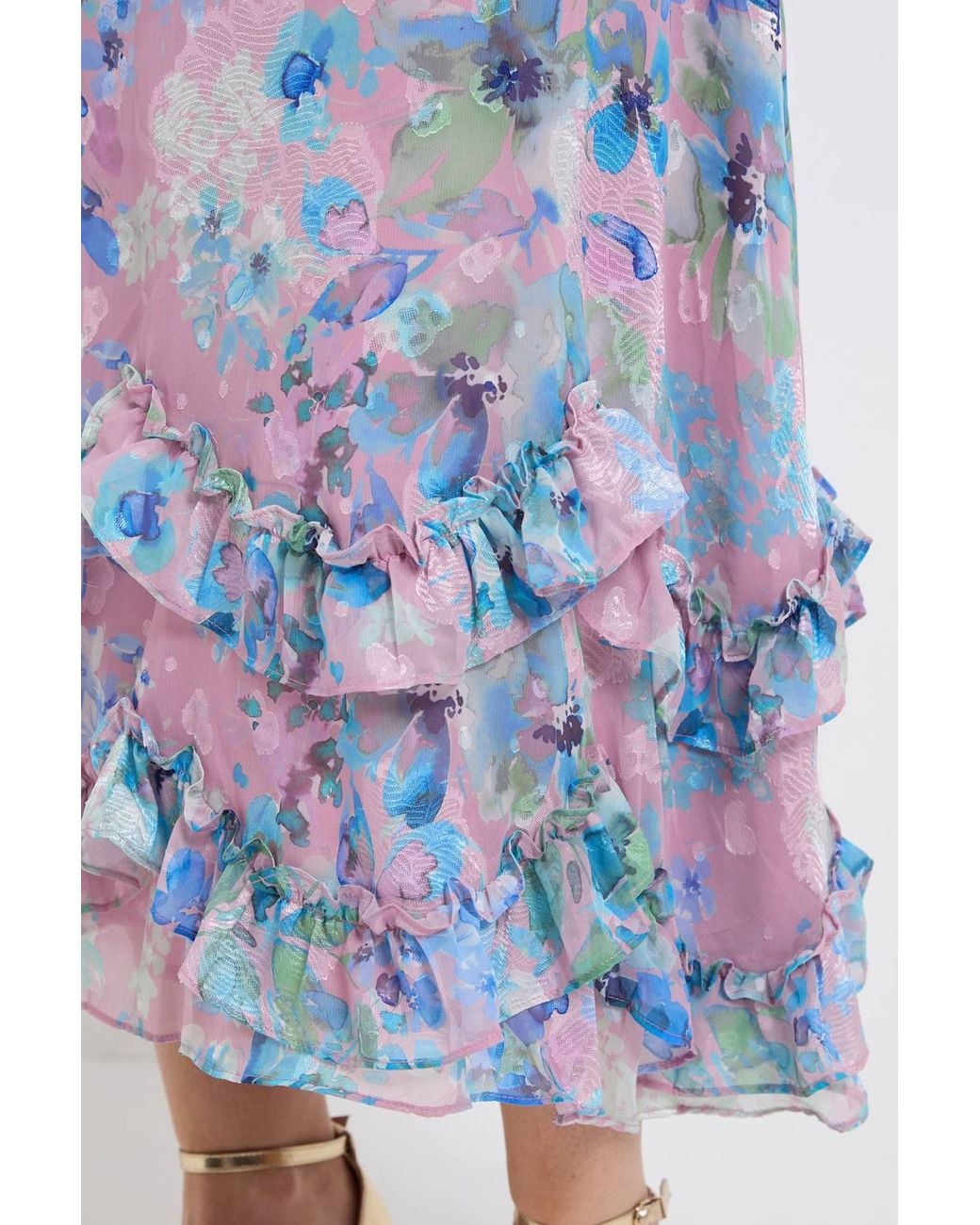 Wallis Multicolor Floral Satin Ruffle Hem Midaxi Dress