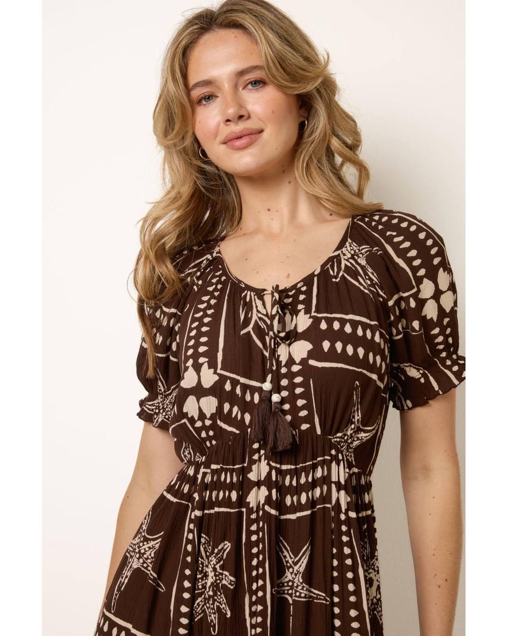 Blue Vanilla Brown Short Sleeve Round Neck Maxi Dress