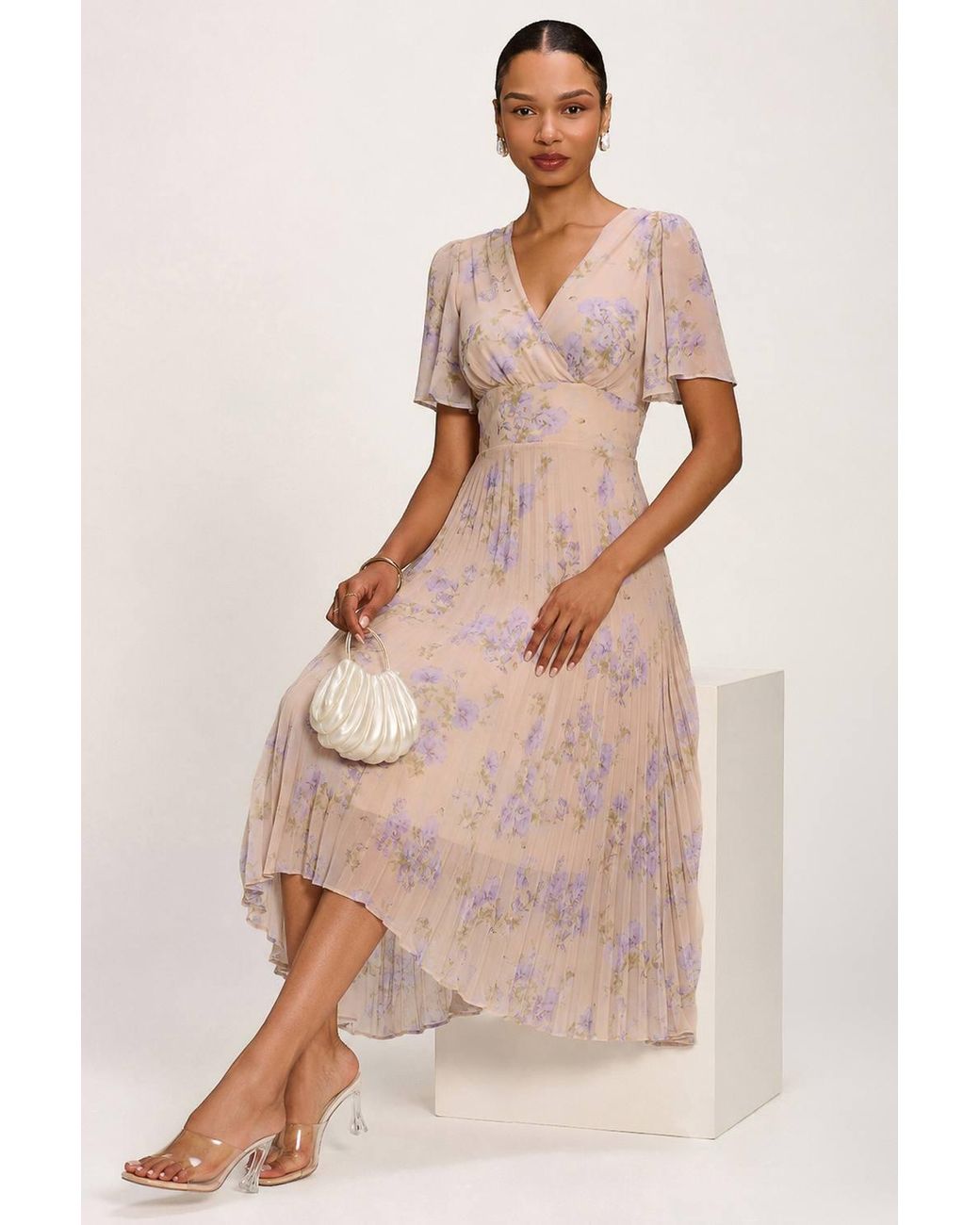 Jolie Moi Natural Chiffon Pleated Maxi Dress