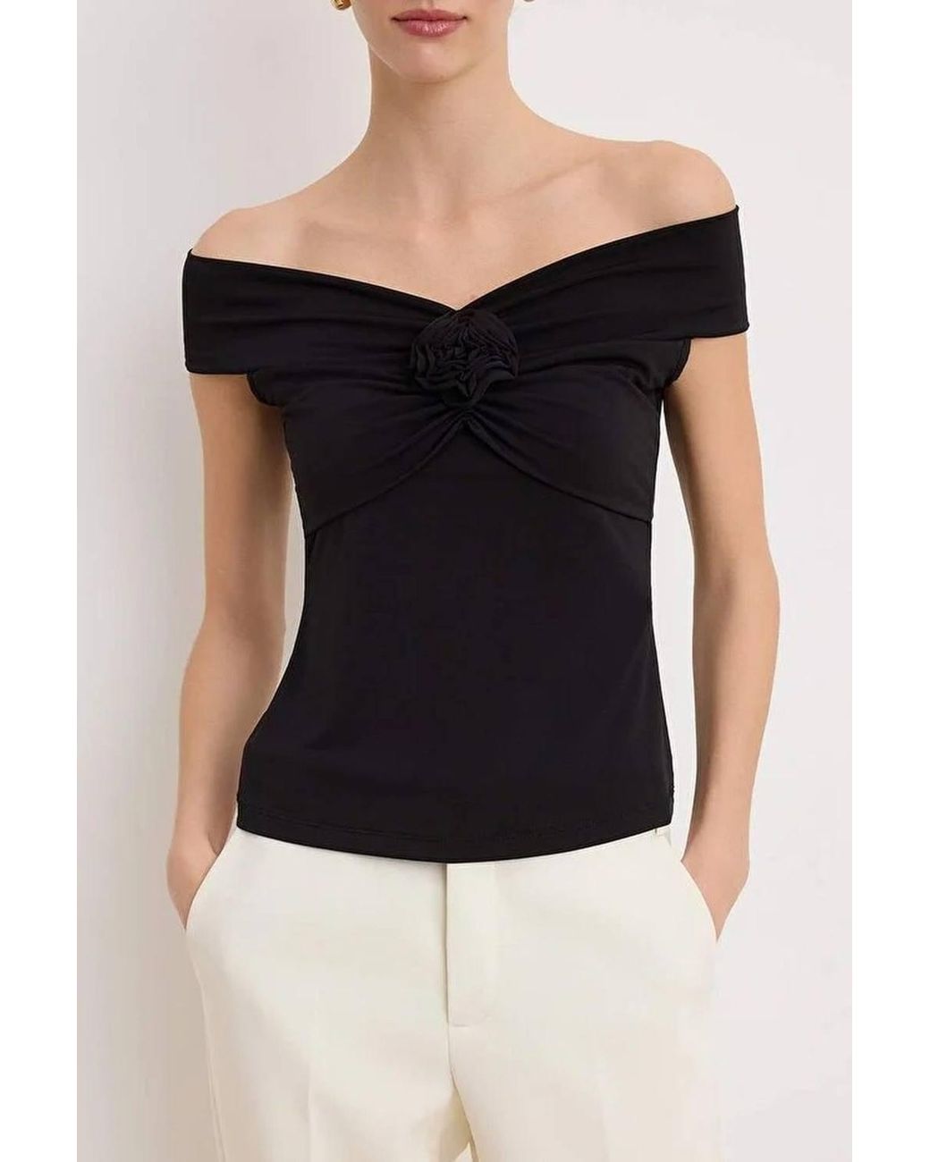WOVCOR Black Floral Detail Bardot Ruched Blouse Top