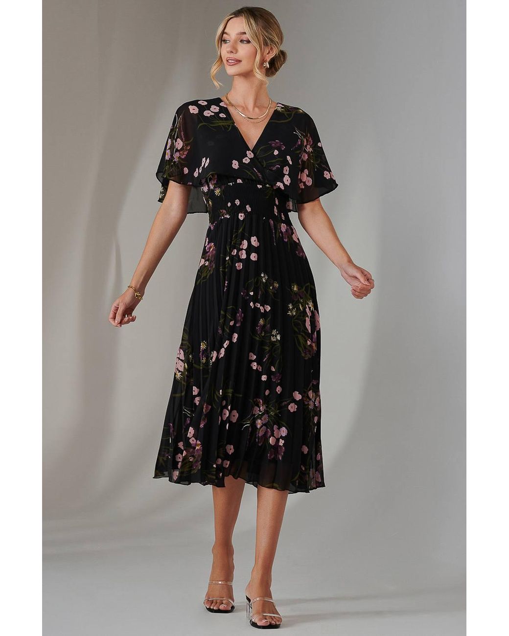 Jolie Moi Pink Floral Print Chiffon Pleated Dress