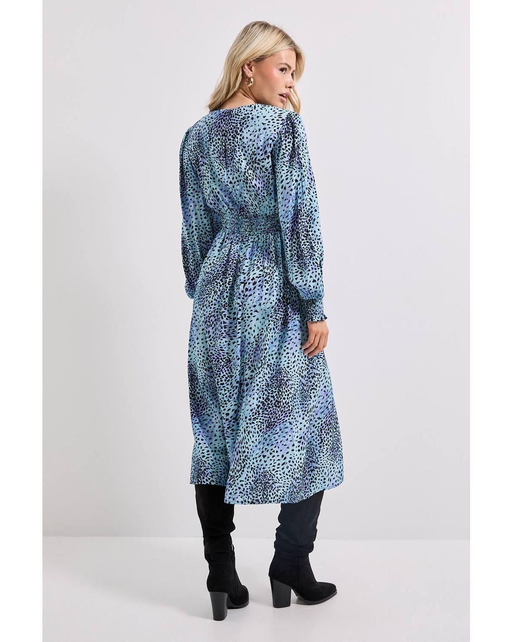 Dorothy Perkins Blue V Neck Button Front Detail Printed Midi Dress