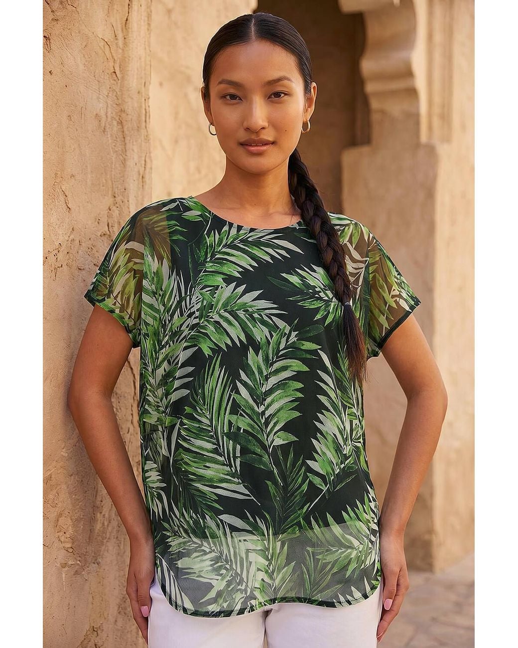 Roman Green Palm Print Mesh Overlay Top