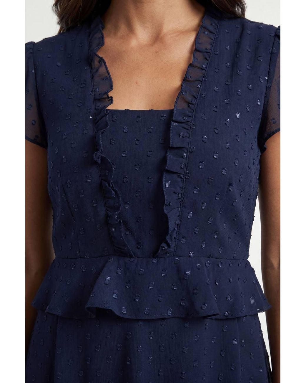 Wallis Blue Metallic Polka Dot Ruffle Midi Dress