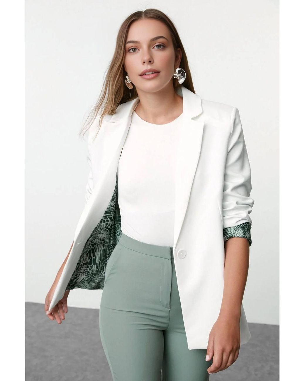 WOVCOR White Single-Breasted Tailored Woven Blazer Jacket