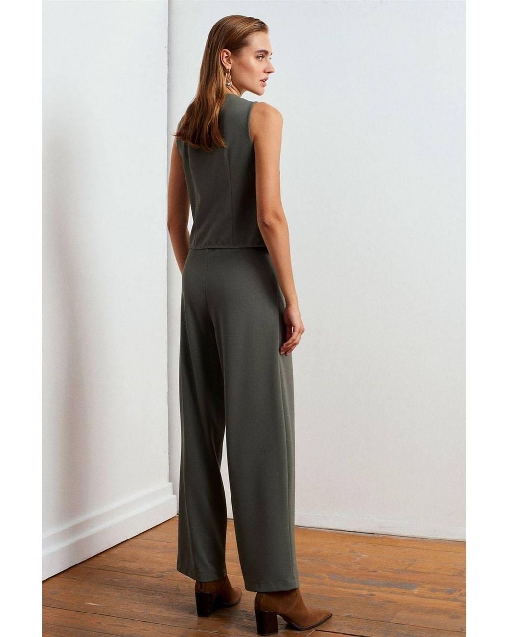 Dilvin Green High-Waist Wide-Leg Crepe Trousers