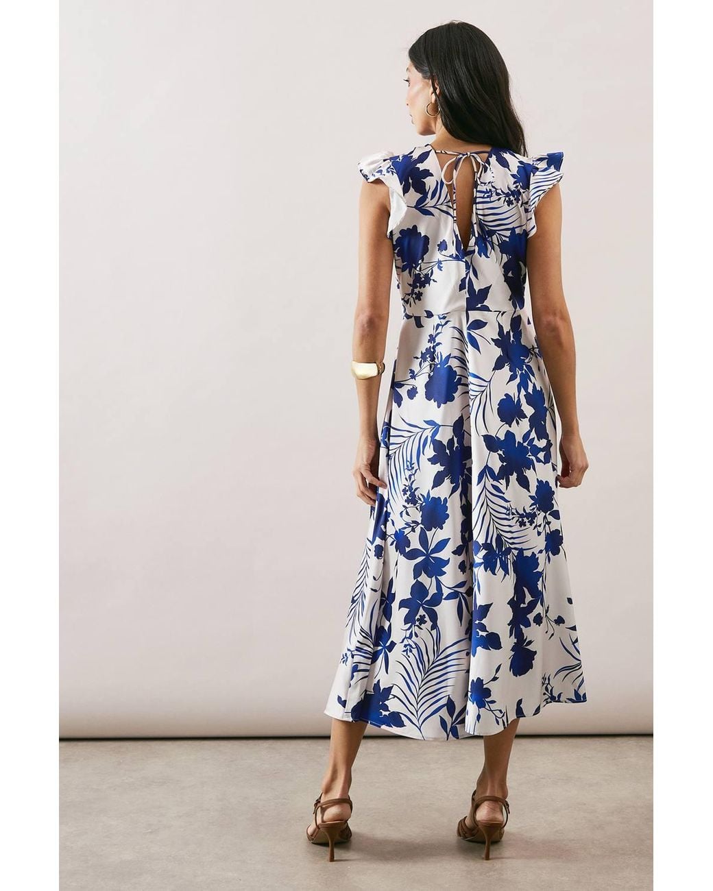 Wallis Blue Floral Print Bias Cut Satin V Neck Dress