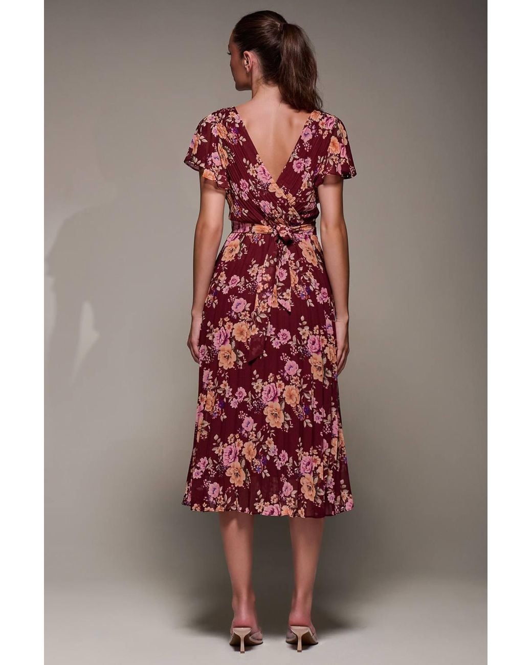 Jolie Moi Red Printed Ruffle Detail Pleated Chiffon Midi Dress