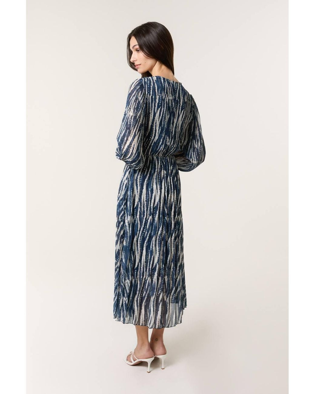 Blue Vanilla Blue Wave Print Pleated Wrap Front Dress