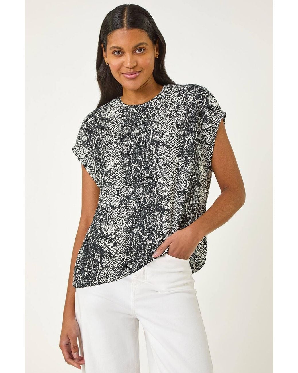 Roman Gray Geo Print Bubble Hem Top