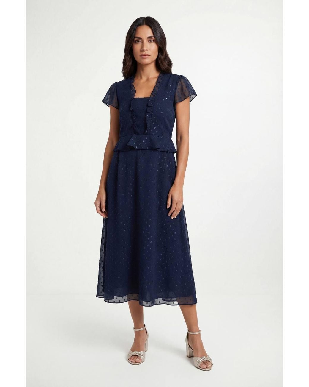 Wallis Blue Metallic Polka Dot Ruffle Midi Dress