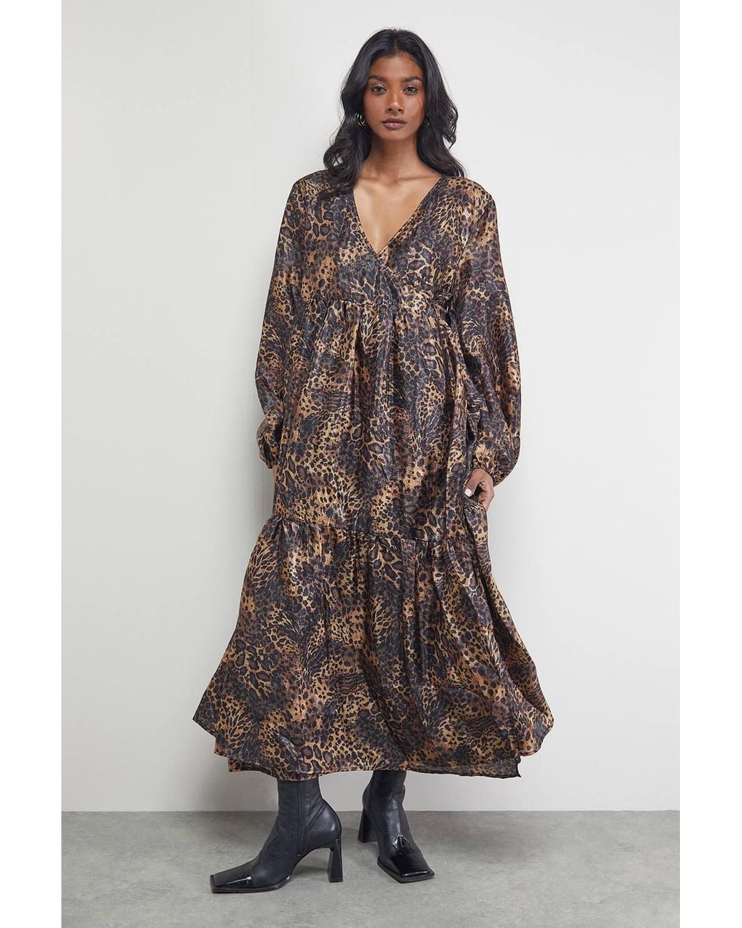Warehouse Brown Textured Organza Wrap Tier Smock Midi Dress