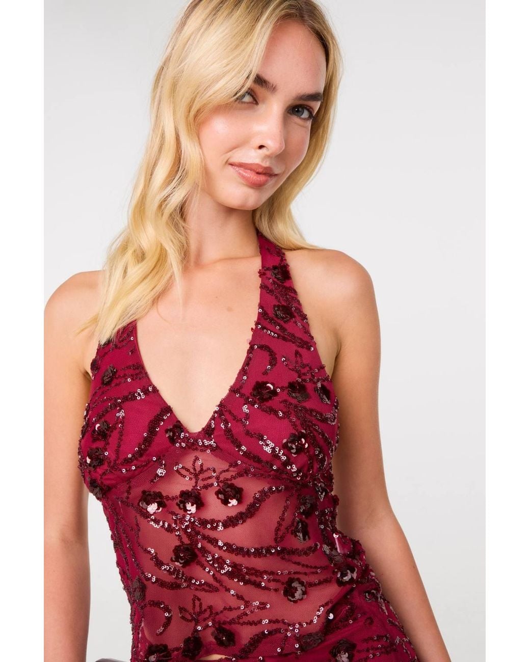 Pink Vanilla Red Floral Sequin Halter Top