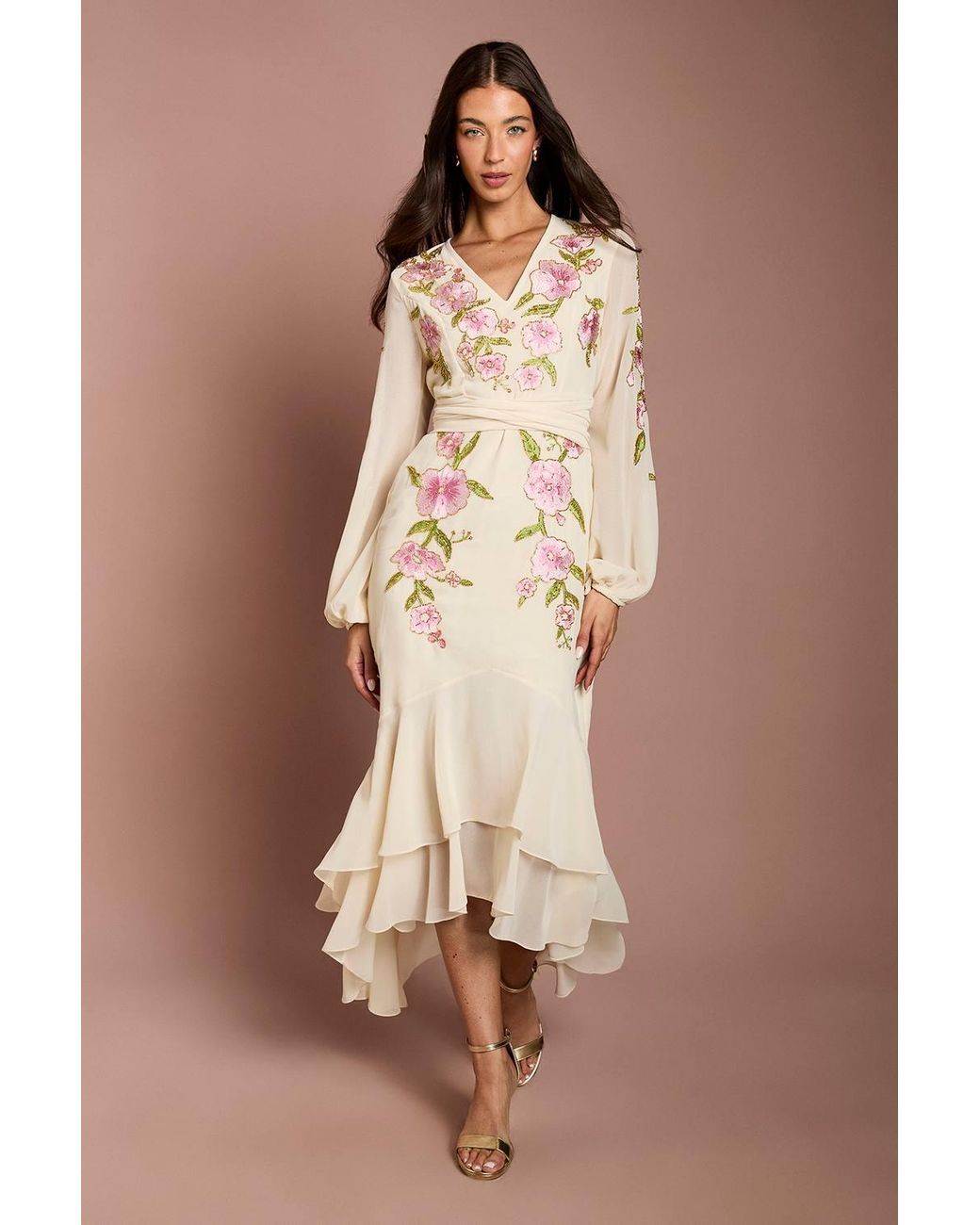 Coast Brown Sequin Embellished & Embroidered High Low Maxi Dress