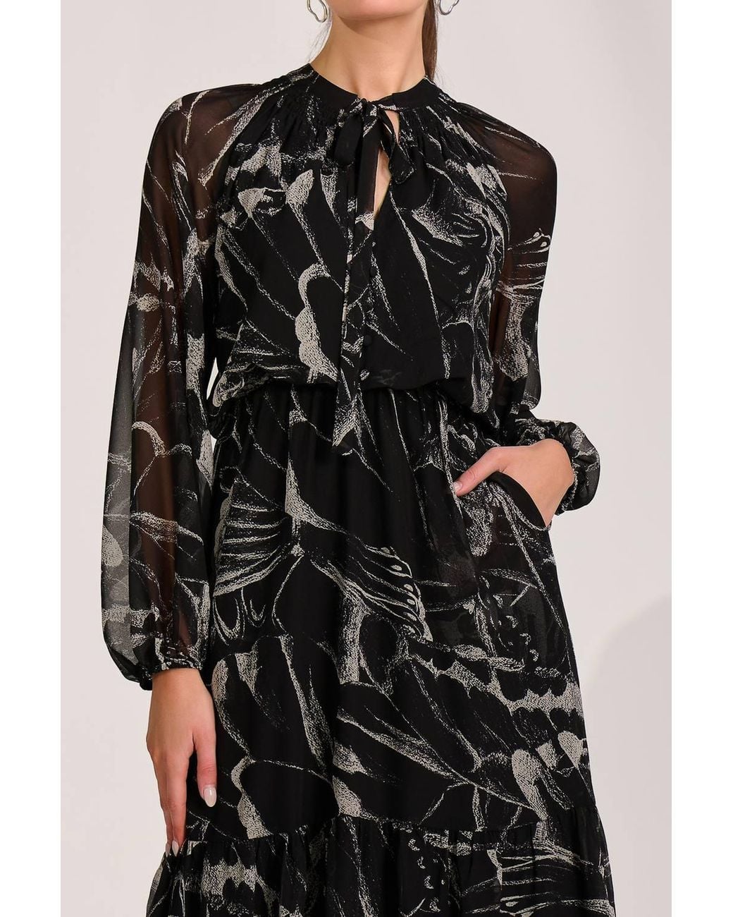 Jolie Moi Black Chiffon Long Sleeve Tiered Maxi Dress