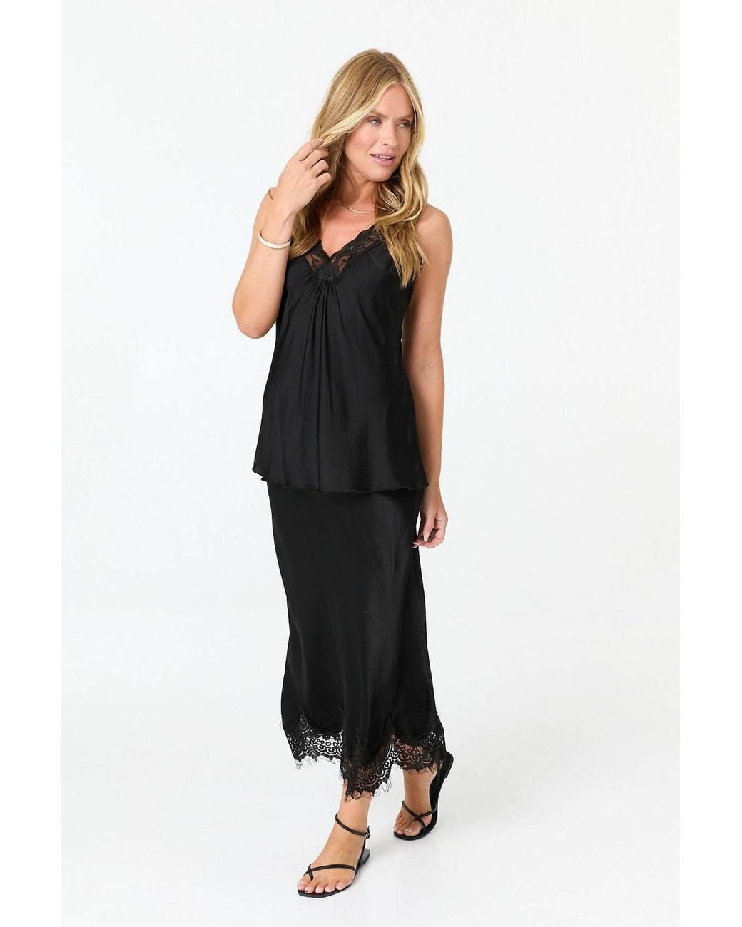 Izabel London Black Lace Trim Satin Texture Vest Top