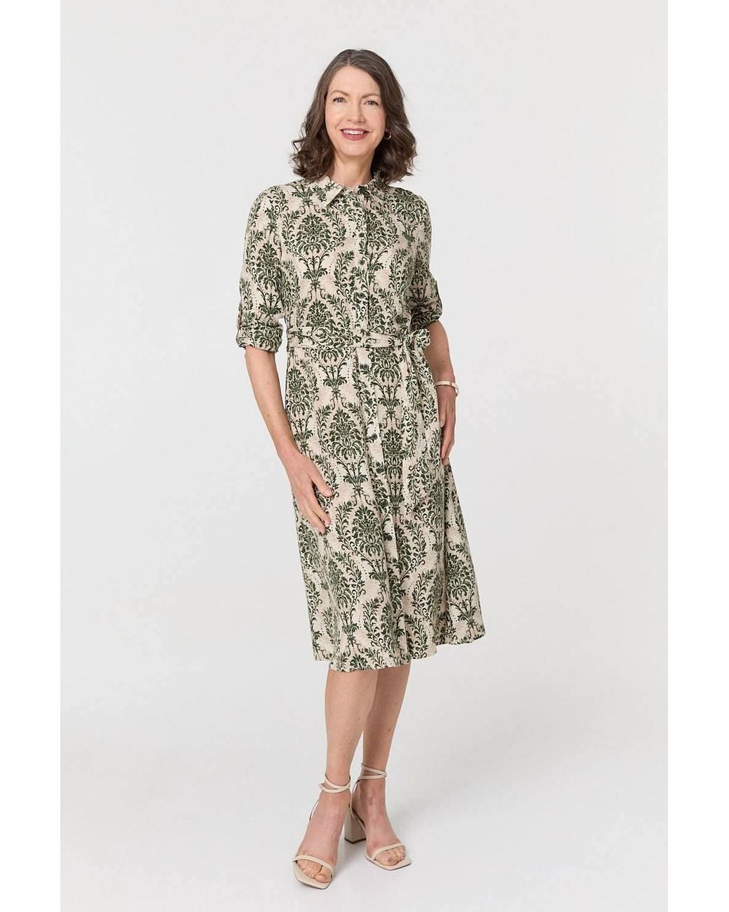Izabel London Green Baroque Print Tie Waist Midi Shirt Dress