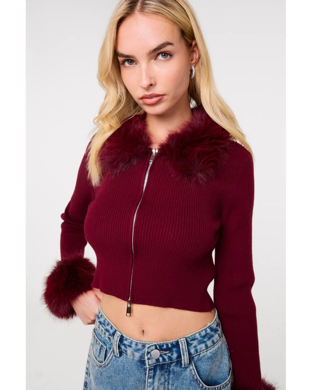 Pink Vanilla Red Fur Trim Zip Through Cardigan