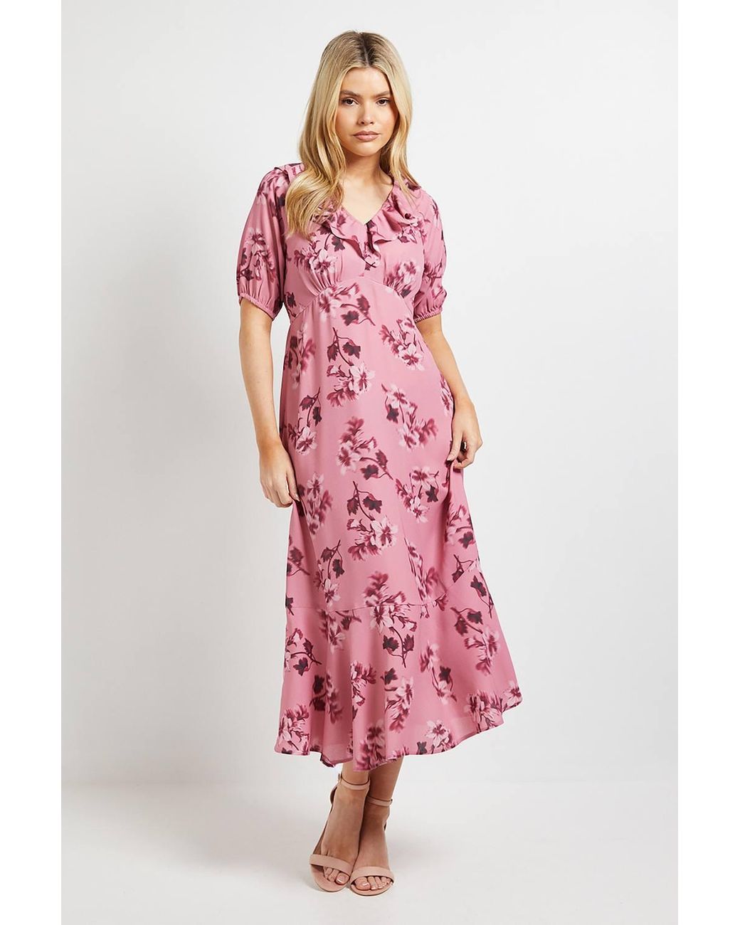 Dorothy Perkins Pink Frill Neck Puff Sleeve Maxi Dress