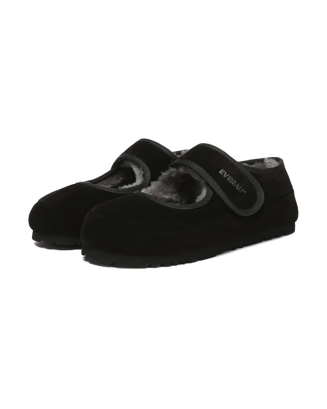 EverAu Australia Black Real Sheepskin Adjustable Strap Sheepskin Slippers W/ Eva Sole
