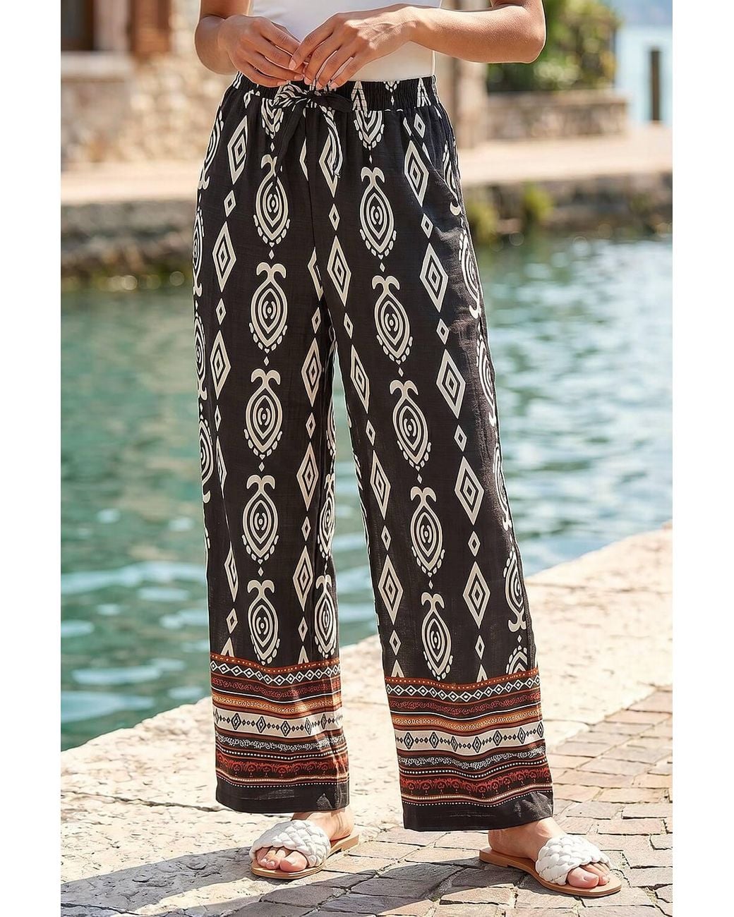 Roman Black Aztec Border Print Wide Leg Trousers