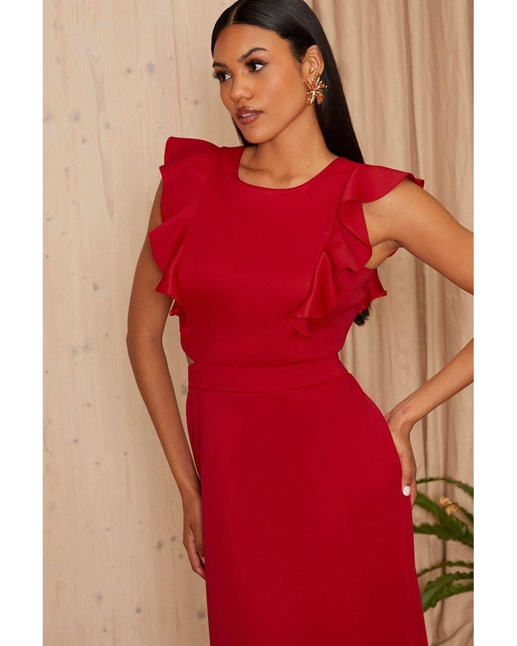Chi Chi London Red Ruffle Sleeve Cut Out Back Maxi Dress