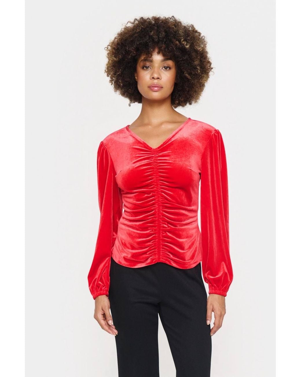 Saint Tropez Red Hebasz Velvet V-Neck Ruchings Blouse