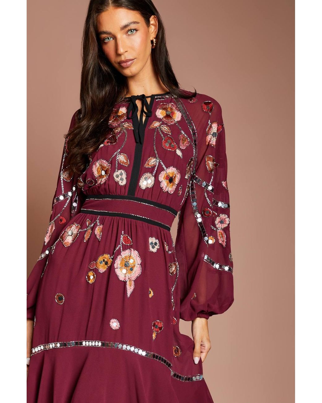 Coast Red Embellished Long Sleeve Midi Dress