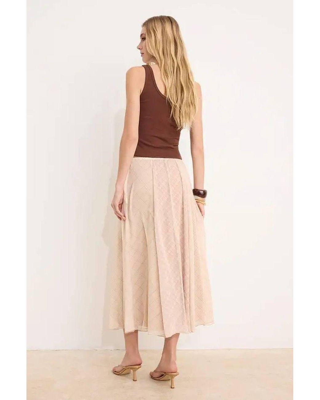 WOVCOR Natural Asymmetric Hem Plaid Chiffon Midi Skirt W/ Lined Finish