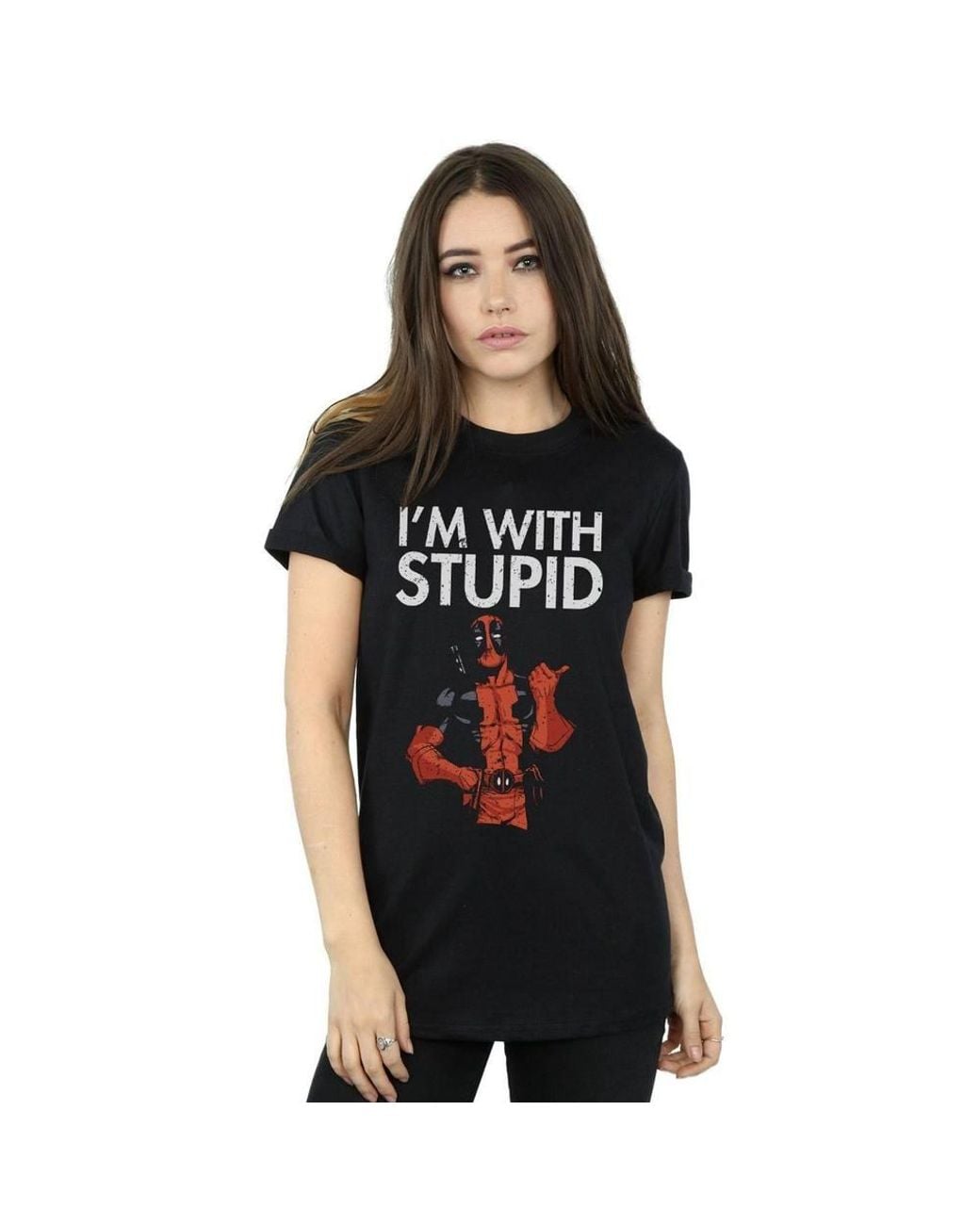 Marvel Black Deadpool I'M W/ Stupid Cotton Boyfriend T-Shirt