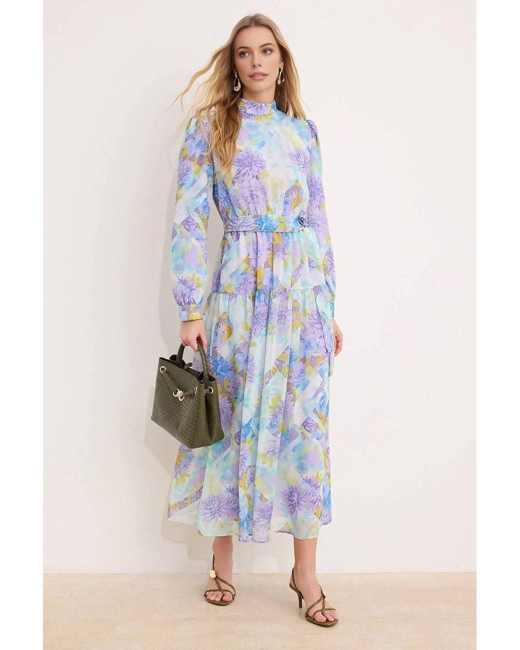 WOVCOR Blue Floral Print Belted Midaxi Chiffon Dress W/ Ruffles