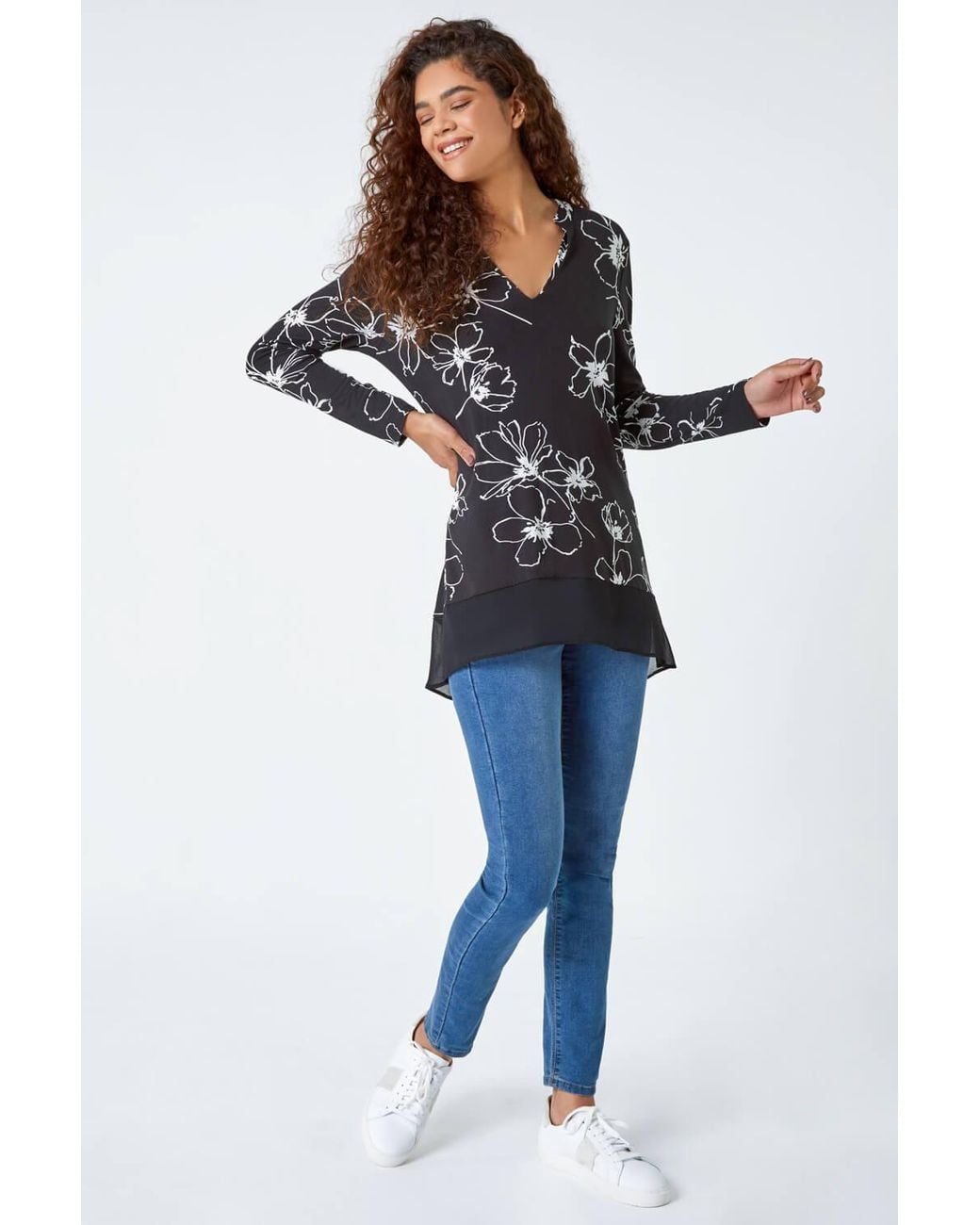 Roman Black Floral Print Chiffon Hem Stretch Top