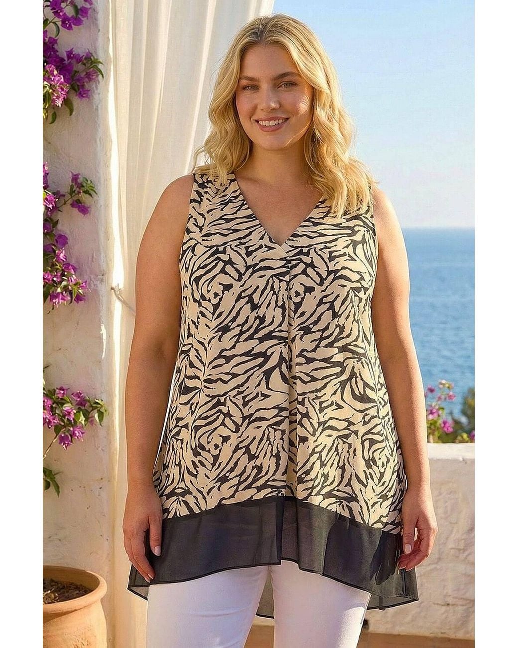 Roman Brown Curve Animal Print Chiffon Hem Vest Top