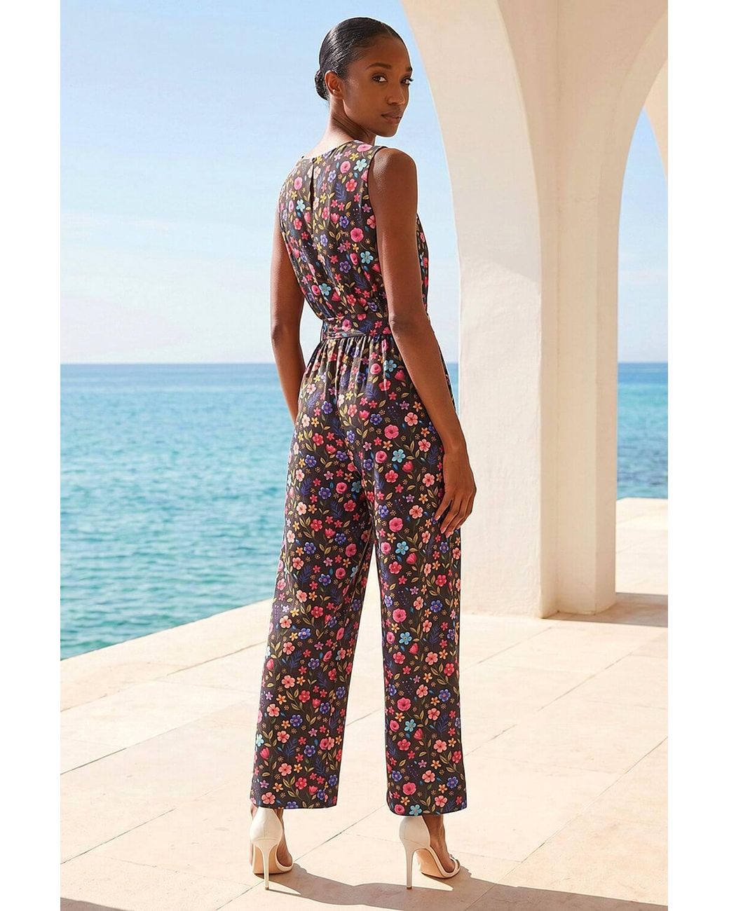 Roman Black Petite Ditsy Wrap Bodice Jumpsuit
