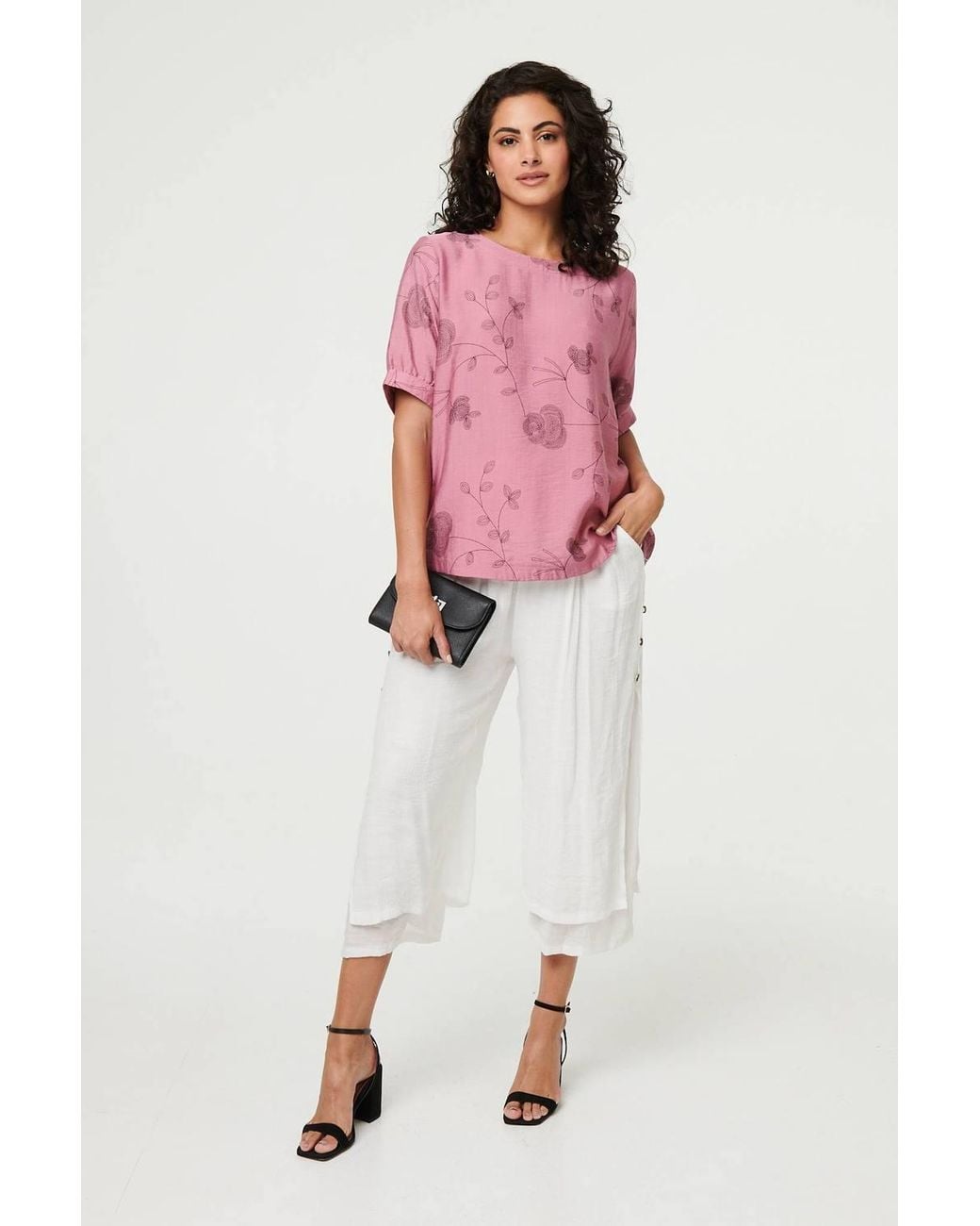 Izabel London Pink Floral Short Puff Sleeve Blouse Top