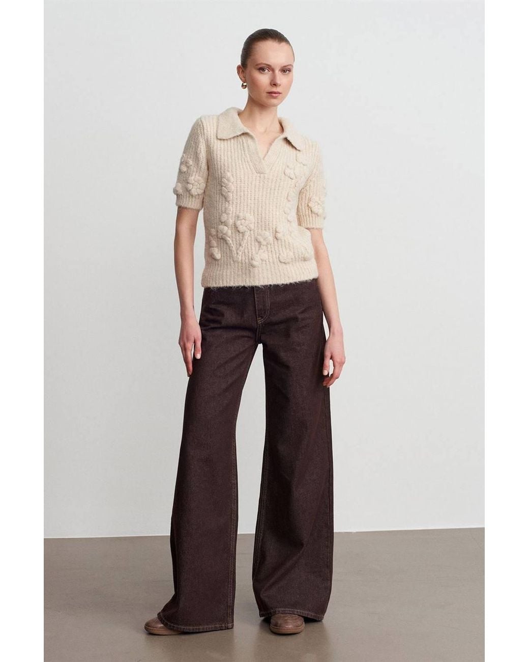 Dilvin Natural Textured Ribbed Polo-Collar Sweater