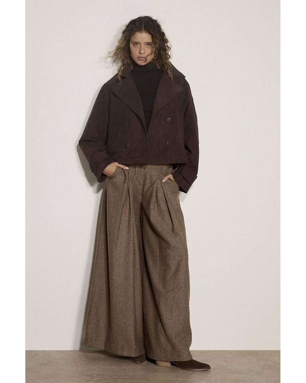 Apricot Brown Herringbone Tweed Wide-Leg Trousers